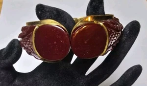 1930's Vintage Art Deco Craved Crimson Red Bakelite Brass Hinged BRACELET - Picture 1 of 13