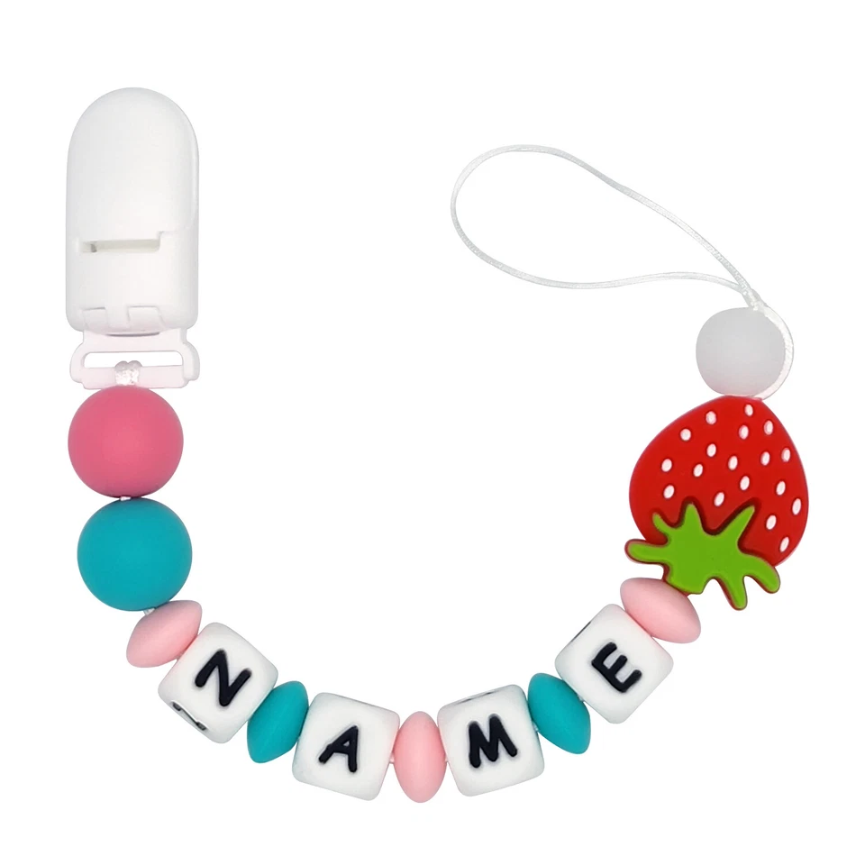 Personalised Name Dummy Clip Silicone Beaded Pacifier Chain Holder Strawberry - Image 1 of 1