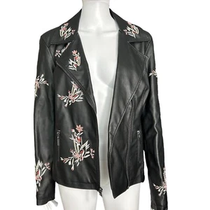 NWT Alfani Womens Black Floral Embroidered Jacket Sz S Faux Leather Moto Biker - Picture 1 of 12