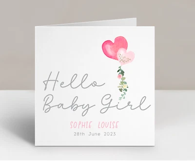 Personalised New Baby Girl Card Hello Baby Girl Floral Balloon Daughter Arrival - Image 1 of 2