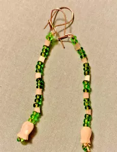 Orecchini Vintage Mop Tulip Vetro Satinato Pendenti Gambo Verde Sposa Boho - Foto 1 di 3
