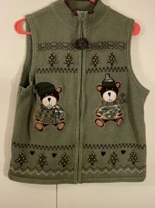 Vintage Christmas Knit Vest Moss Green Size XL Embellishinged Camo Bears Country - Picture 1 of 13