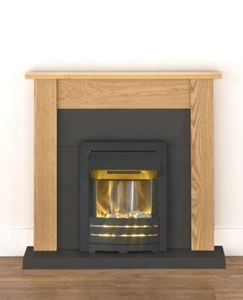 ELECTRIC FIRE OAK FIREPLACE SURROUND BLACK HEARTH BLACK LED PEBBLES BNIB - Picture 1 of 3