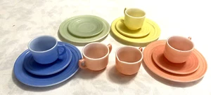 Vintage Child Tea Set Hazel Atlas Milk Glass Pastel Plates and Cups Sugar Cream - Picture 1 of 11