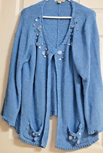 Coldwater Creek Womens 3X Cardigan Sweater Blue Knit One Button Close Embellish - Picture 1 of 6