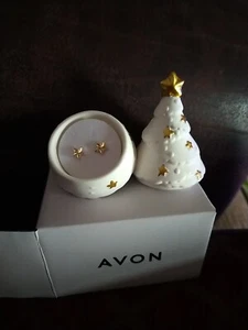 Avon Camila ceramic Christmas Tree Pot with gold tone star earrings. New - Picture 1 of 4