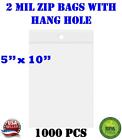 1000 - 5" x 10" Zip Seal Reclosable 2Mil Plastic Top Lock Bags Hang Hole Jewelry