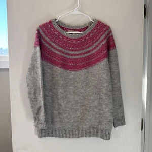 WARM! Ann Taylor Loft SMALL Fair Isle Knit Sweater Gray Pink Wool Mohair Casual - Picture 1 of 6