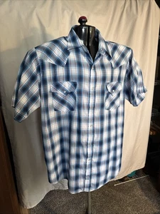 Plains Western Wear Men’s Pearl Snap Size L Navy White Plaid - Vintage - Picture 1 of 14