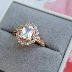 Radiant Cut Simulated Diamond Art Deco Halo Engagement Ring 14k Rose Gold Plated - Picture 1 of 6