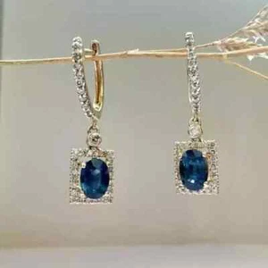 2Ct Oval Cut Lab Created Blue Topaz Women's Dangle Earring 14K White Gold Plated - Picture 1 of 7