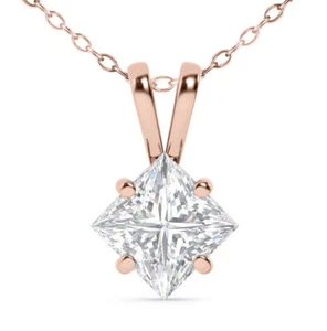 Princess Diamond Solitaire Pendant Necklace Treated 14K Rose Gold G SI1 0.99 CT - Picture 1 of 5