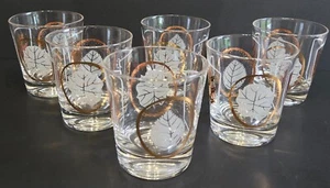 MCM Vintage Low Ball Rocks Drinking Glasses Gold & White Leaf Set 6 Barware - Picture 1 of 5