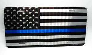 THIN BLUE LINE POLICE AMERICAN FLAG BRUSHED Metal Novelty Car License Plate Tag - Picture 1 of 18