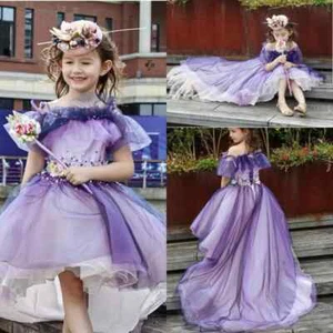 Purple High Low Girls Pageant Gowns Spaghetti Tulle Layers Applique Beads Flower - Picture 1 of 8