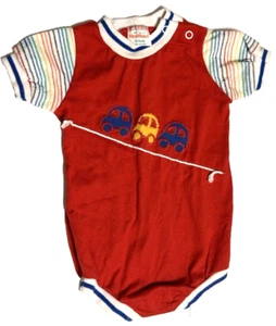 Vintage Boys Healthtex 12 Month Red Rainbow Stripe Sleeves Car Bodysuit - Picture 1 of 9