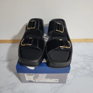 Blue Suede Shoes Black Slide Sandals with Gold Buckles Size 11 New In Box - Picture 1 of 5