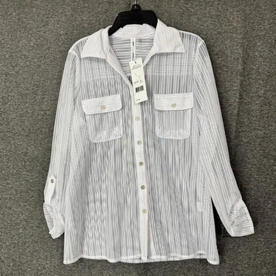 NY Collection White Striped Button Down Shirt Roll Tab Sleeve PM - Image 1 of 4