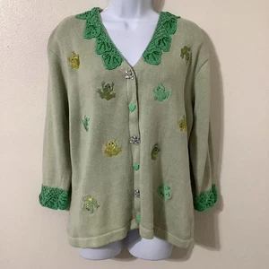 Storybook Knits Green Frog Novelty Artsy Wearable Art Frogcore Knit Cardigan L - Picture 1 of 10