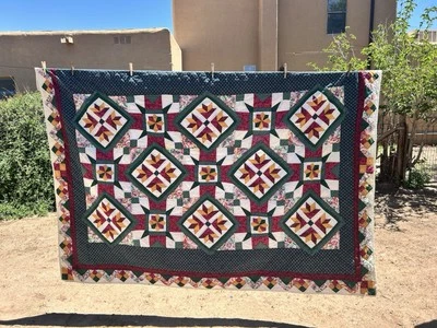 Triple Diamond Quilt Patchwork Queen Bedspread Vtg 60x80 - Image 1 of 2