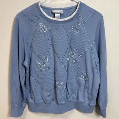 Vintage Grandma Sweatshirt Alfred Dunner Blue Floral Embroidered Gems Petite L - Image 1 of 4