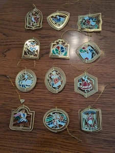 Vintage 12 Days Of Christmas Metal Small Ornaments. Gold ~ 2” H. Complete Set - Picture 1 of 5