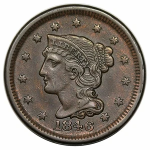 1846 Braided Hair Large Cent, Small Date, N-5, ex rare LDS (h) obv/rev cuds - Bild 1 von 3