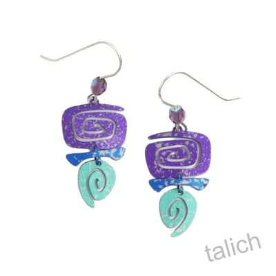 Adajio Earrings Three Abstract Spiral Shapes in Purple Blue and Green Unique - Image 1 of 4