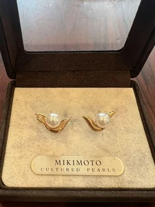 Mikimoto JAL In-Flight Earrings K18 Gold Pearl Retro Used - Picture 1 of 4