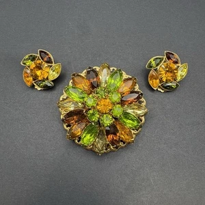 Set orecchini clip spilla strass vintage verde arancione filigrana tono oro - Foto 1 di 11