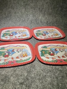 VTG Jasco Red Metal Tin Merry Christmas Marching Band Geese Snack Tray Set Of 4 - Picture 1 of 3