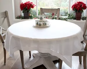 White Hemstitch Square Tablecloth - 60 x 60 Inch - 55/45 Linen Cotton Blend - Picture 1 of 5