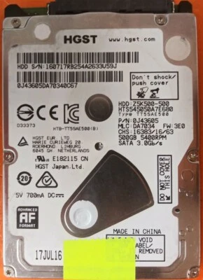 ⭐️⭐️⭐️⭐️⭐️ HDD Hard Drive SATA Laptop 2.5" HGST HTS545050A7E680 500GB J43605 - Image 1 of 3