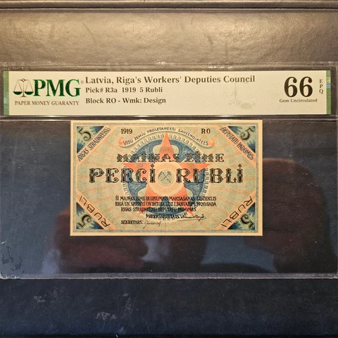 LATVIA 5 RUBLI 1919 PMG 66 EPQ 2nd TOP Cover