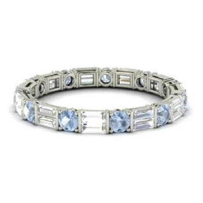 1.96 Ct Round Cut Real Aquamarine & Diamond Eternity Band 14K Solid White Gold A - Image 1 of 4