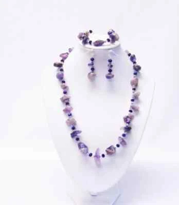 Large Purple Amethyst Gemstone Nuggets w/Purple Iris Glass Bead Neck/Brace/Earri - Image 1 of 4