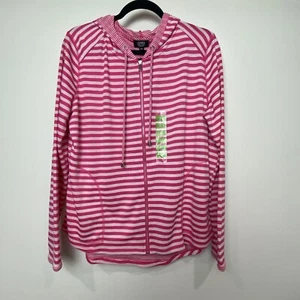 Jones New York Signature Damen Gr. Large Jacke Kapuze Full Zip rosa weiß gestreift - Bild 1 von 12