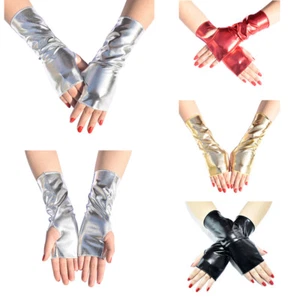 Womens Hip Hop Shiny Faux Leather Short Fingerless Gloves Dance Party Mittens ∆ - Picture 1 of 19