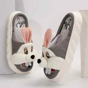 Women's US 5.5-6 Cartoon Rabbit Linen Slippers With Cute Animal Shape, Thick Bot - Picture 1 of 5