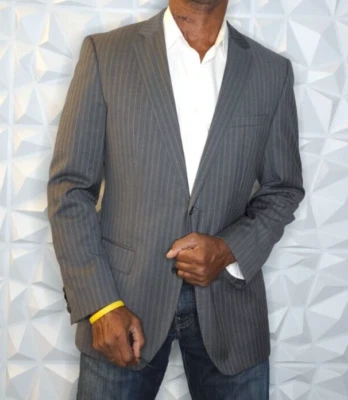 Chaqueta Blazer Hugo Boss 100% Lana Gris Rayas Cosida Solapa Doble Ventilación 40L Foto 1 de 4