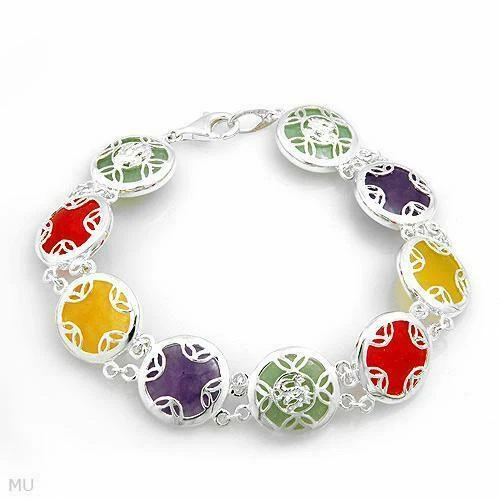 925 СТЕРЛИНГОВОГО СЕРЕБРА ЦВЕТНОЙ КРУГЛЫЙ ОГРАНЕННЫЙ НЕФРИТОВЫЙ БРАСЛЕТ, 7,25 дюйма - Изображение 1 из 1