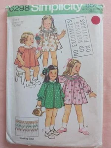 Simplicity 6298 Vintage Toddler's Dress with/without Smocking Pattern Size 4 - Picture 1 of 2