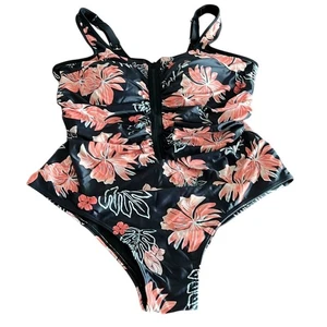 Traje de baño Daci negro y coral estampado floral de una pieza con cremallera frontal mujer 18W - Imagen 1 de 10
