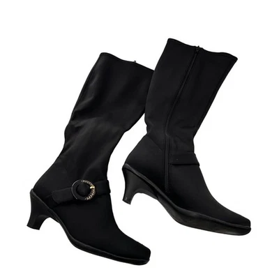 Bellini Black Knee-High Heel Boots Gold Buckle 7.5W Wake up stretch Moto Boot - Image 1 of 4