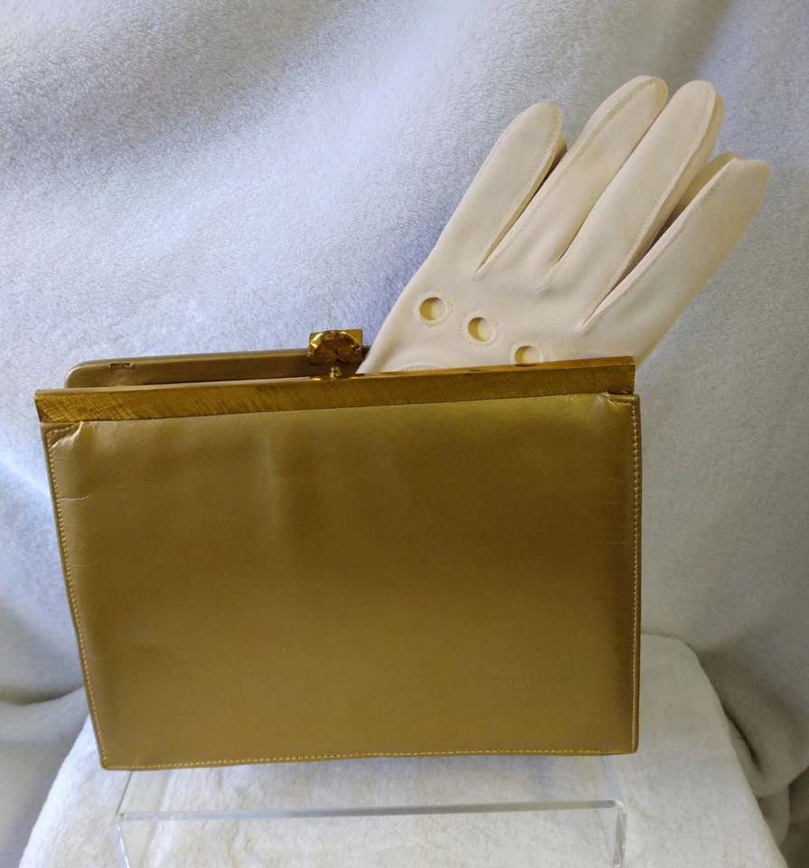 Vintage Andrew Gellar Golden champagne Evening Bag And Miss Aris Formal Gloves - Image 1 of 4