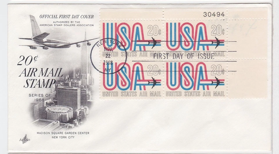 TurtlesTradingPost - USA 20 Cent Airmail 1968 #C75 FDC- Artcraft Plate Block - Image 1 of 1