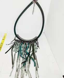 Long Boho Fringe Bib Necklace Multi Strand Fabric Wrapped Cord Mixed Media Green - Picture 1 of 5