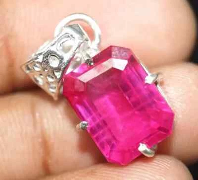 40 Karat einer Natürlichen Rosa Saphir Smaragd Schliff 925 Solid Silber Anhänger - Bild 1 von 4