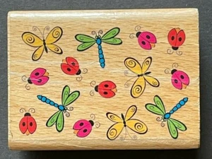 Bug Background Ladybug Dragonfly Butterfly Insects Animals Wood Rubber Stamp - Picture 1 of 3