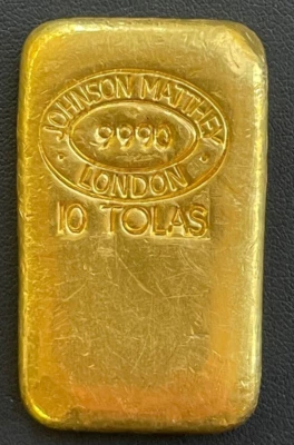 Barra de oro fundido Johnson Matthey London vintage de 10 tolas de 3,75 oz .999 fina Foto 1 de 4
